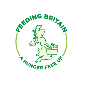 Outline of the UK surrounded by the words: Feeding Britain - A Hunger Free UK