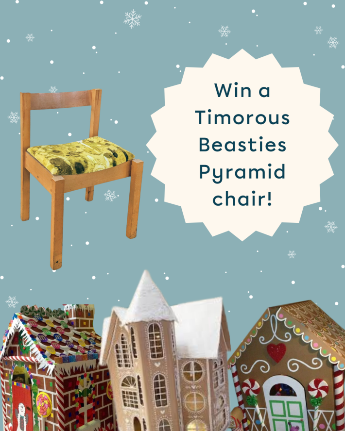 pictures of cardboard gingerbread houses and the prize of a chair